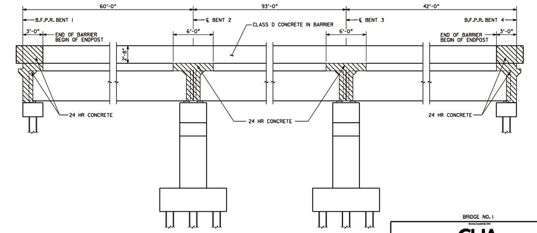 Elevation view of final structure. Field-placed concrete for end walls at abutments and edge beams at piers is hatched and denoted as Ã?Â¢??24 hr concrete.Ã?Â¢?? Figure: CHA Consulting.